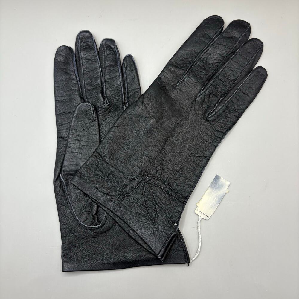 VTG Leather Gloves Black Embroidered Pure Silk Lined Made in France XS 7 NOS‎